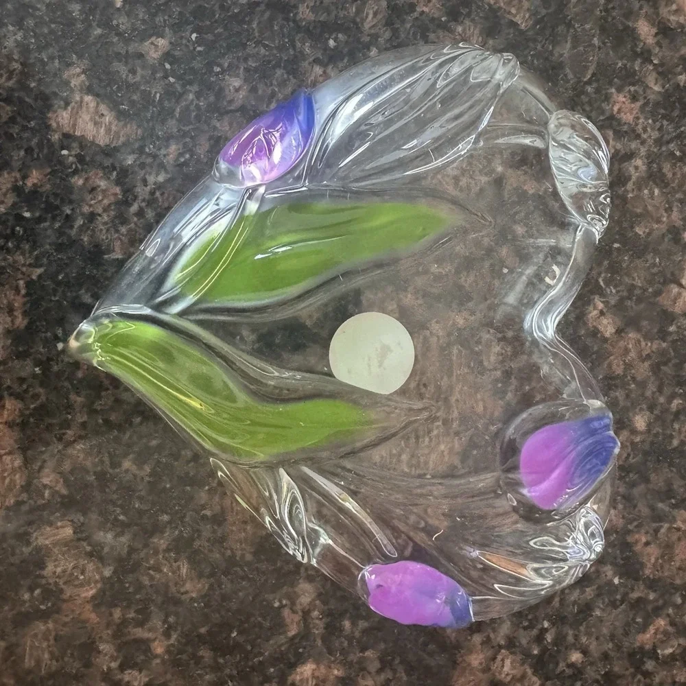 Waltherglas Heart~Shaped Glass Candy Dish Tulips Flowers German Original Sticker